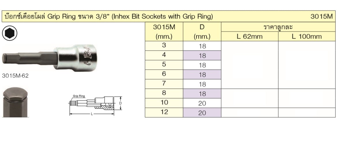SKI - สกี จำหน่ายสินค้าหลากหลาย และคุณภาพดี | KOKEN 3015M 62mm บ๊อกซ์เดือยโผล่ Grip Ring ขนาด 3/8นิ้ว-3